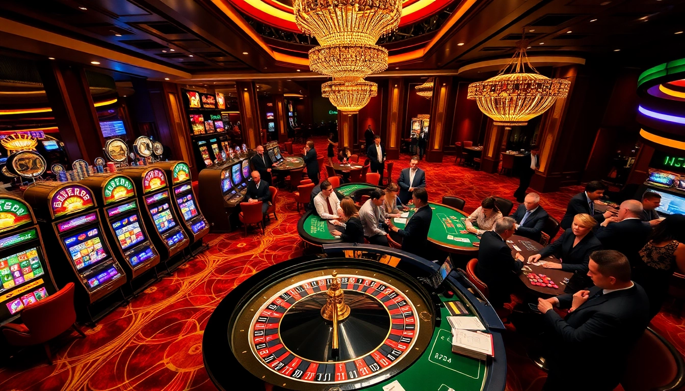 Experience the thrill of AZ888 with vibrant casino floor action, featuring players at roulette and slot machines.